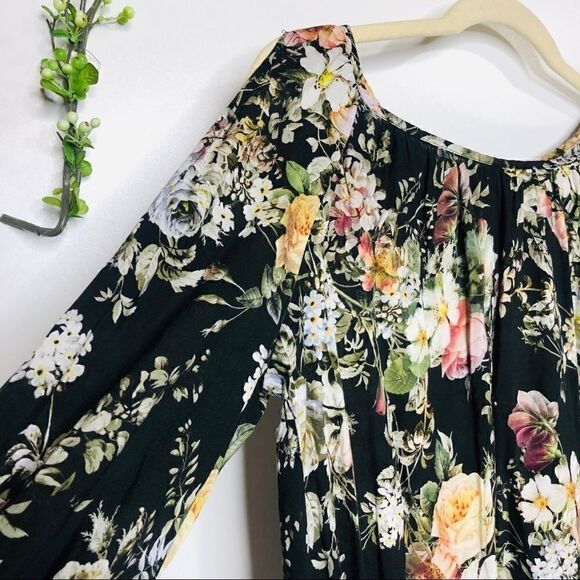 Velvet Black Floral Cold Shoulder Blouse Top - Picture 4 of 9